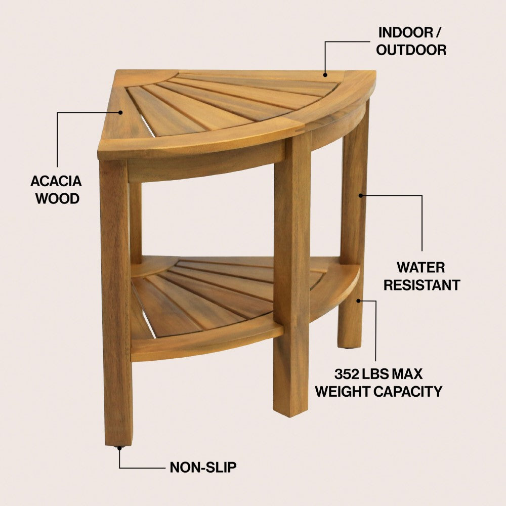 Mossen 18" Classic Coastal Solid Acacia Wood Indoor/Outdoor Corner Shower Bench with Shelf