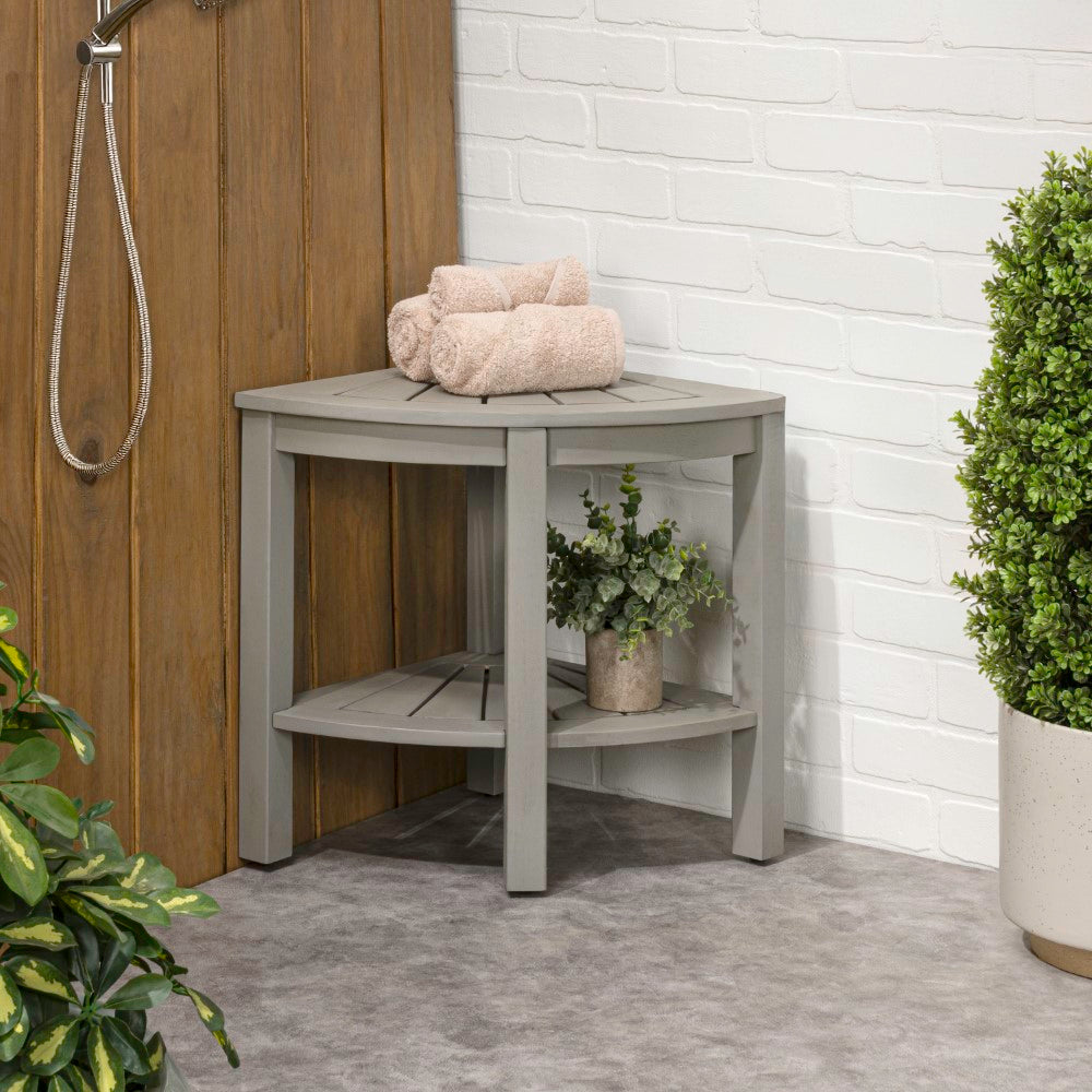 Mossen 18" Classic Coastal Solid Acacia Wood Indoor/Outdoor Corner Shower Bench with Shelf