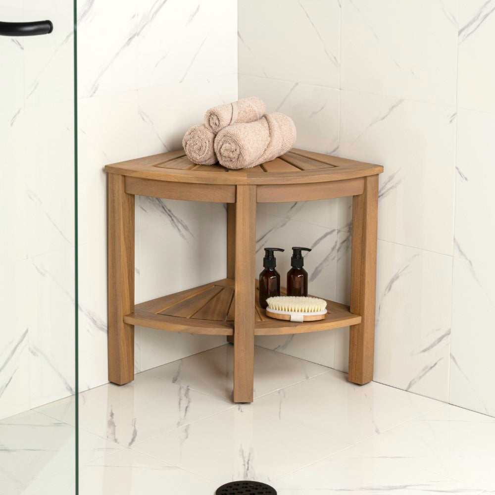 Mossen 18" Classic Coastal Solid Acacia Wood Indoor/Outdoor Corner Shower Bench with Shelf