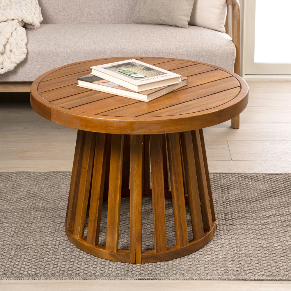 Elvanto 27.5" Modern Coastal Acacia Wood Indoor/Outdoor Pedestal Base Round Coffee Table