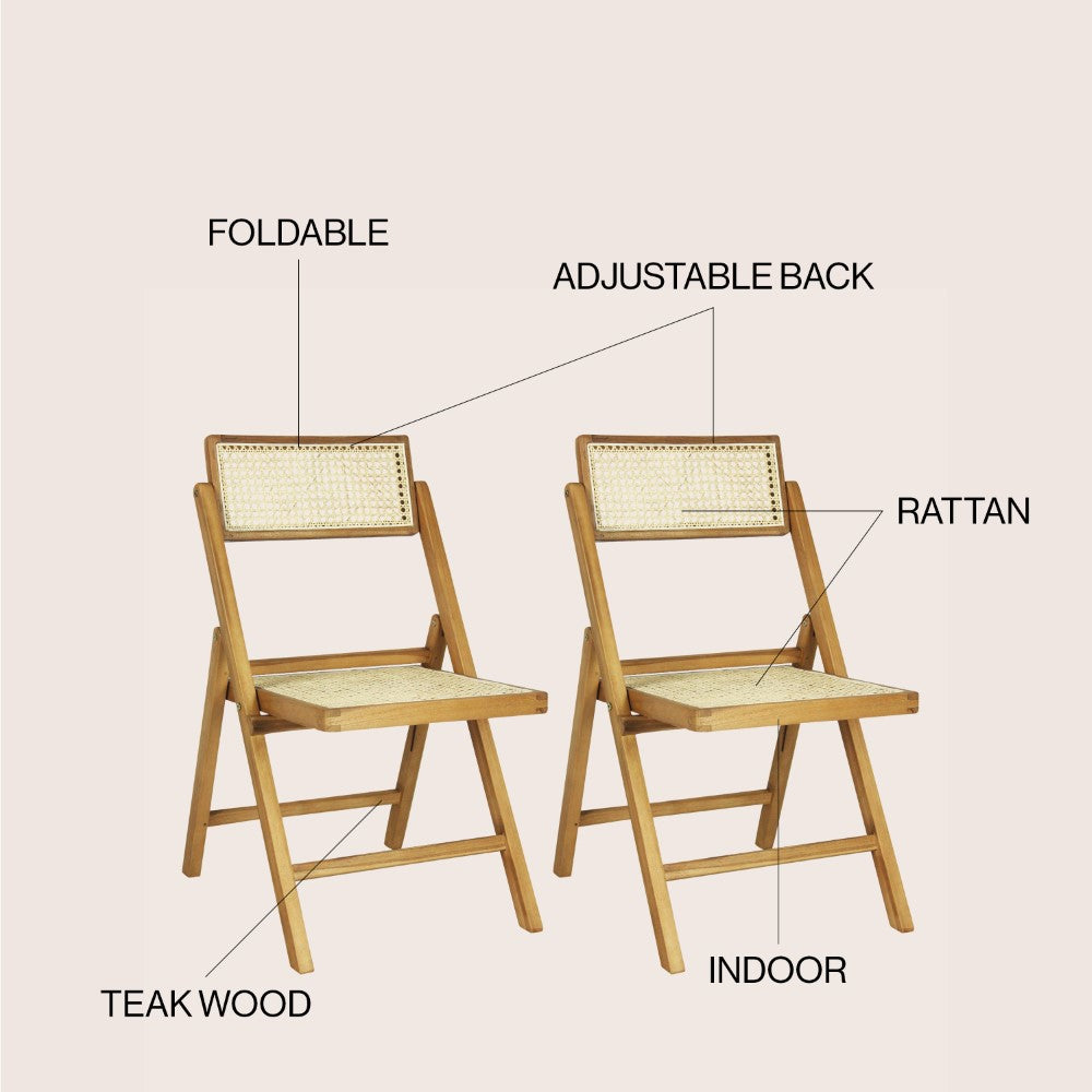 Nordic Mid-Century Vintage Wood Rattan Folding Chair with Adjustable Back Set 2