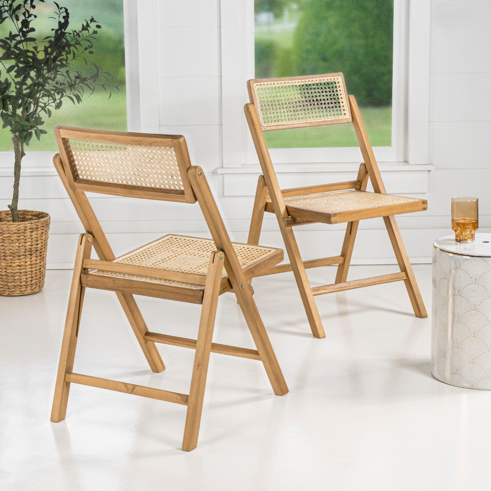 Nordic Mid-Century Vintage Wood Rattan Folding Chair with Adjustable Back Set 2