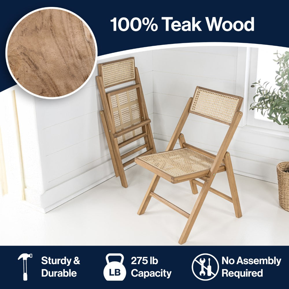 Nordic Mid-Century Vintage Wood Rattan Folding Chair with Adjustable Back Set 2