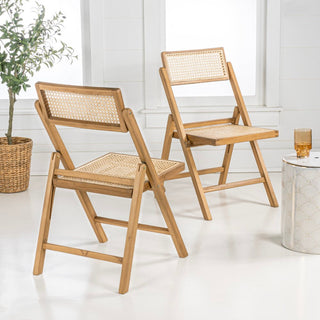 Nordic Mid-Century Vintage Wood Rattan Folding Chair with Adjustable Back Set 2