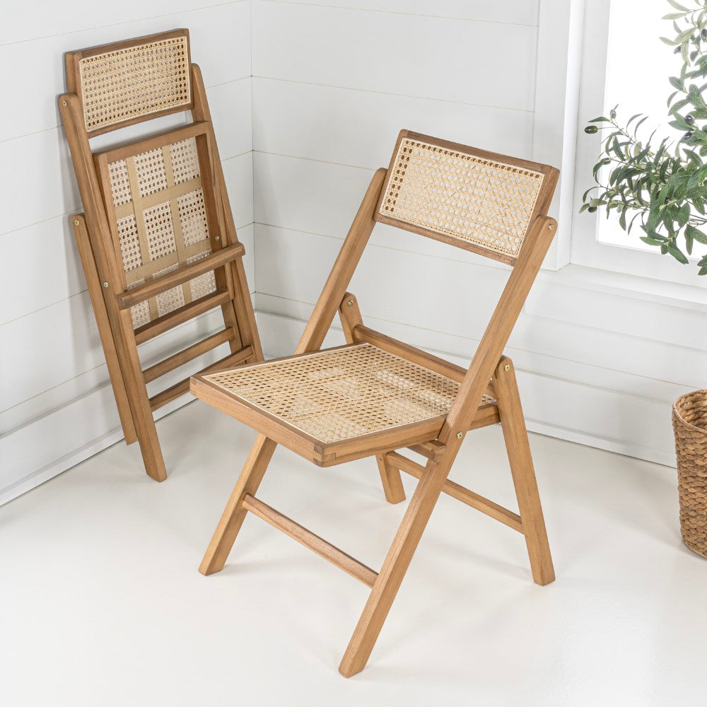 Nordic Mid-Century Vintage Wood Rattan Folding Chair with Adjustable Back Set 2