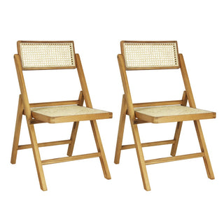 Nordic Mid-Century Vintage Wood Rattan Folding Chair with Adjustable Back Set 2