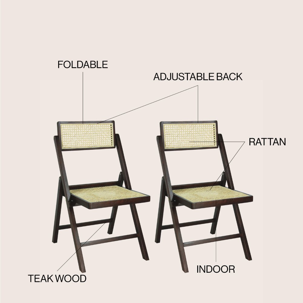 Nordic Mid-Century Vintage Wood Rattan Folding Chair with Adjustable Back Set 2