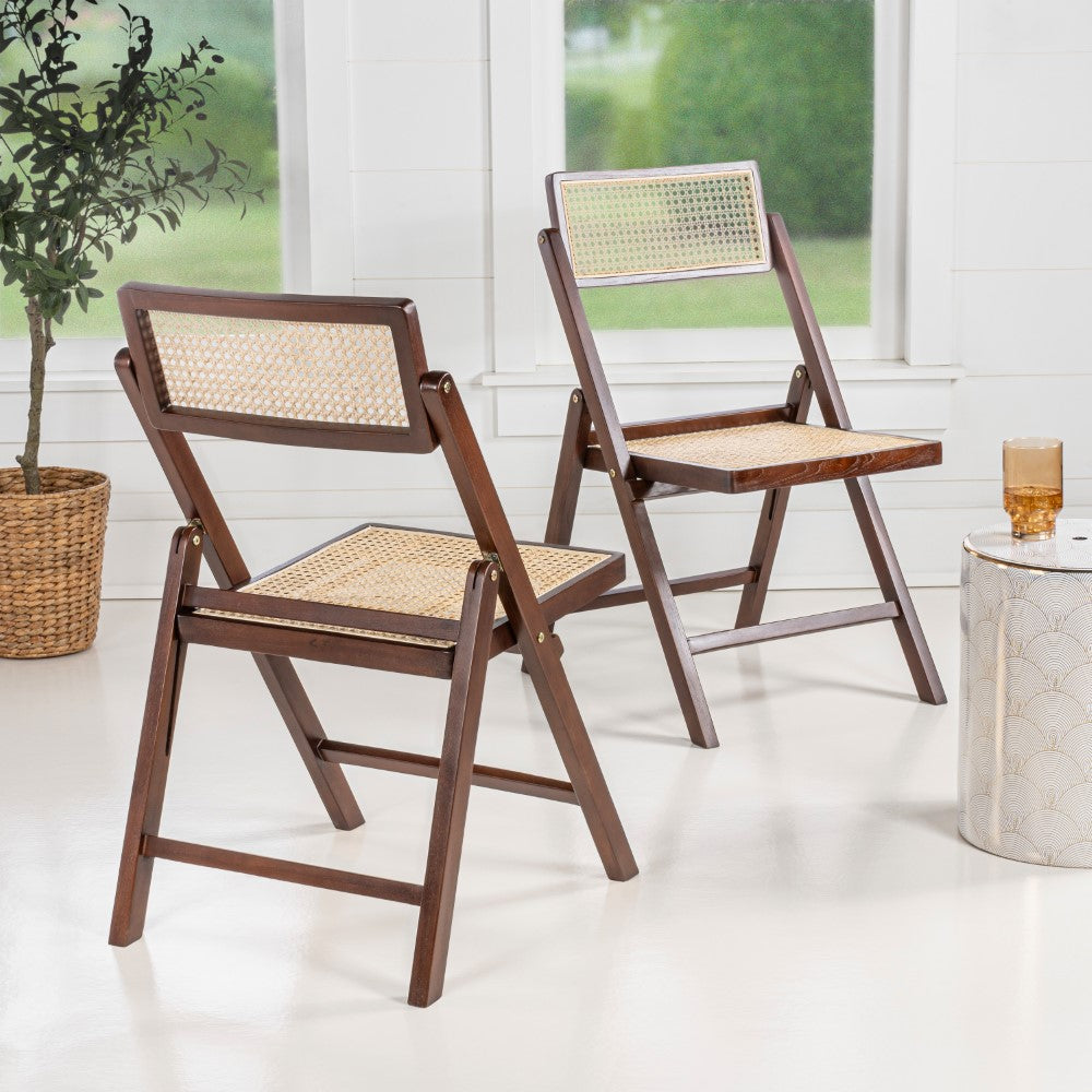 Nordic Mid-Century Vintage Wood Rattan Folding Chair with Adjustable Back Set 2