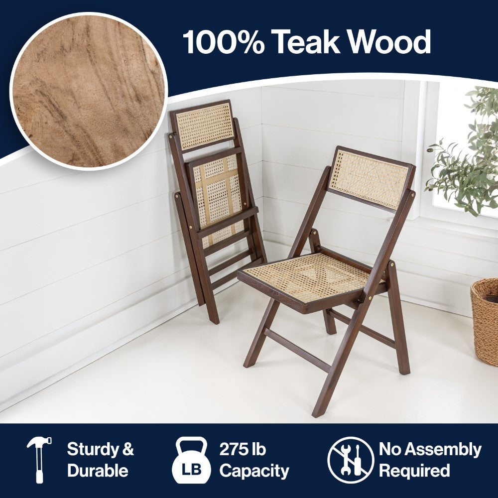 Nordic Mid-Century Vintage Wood Rattan Folding Chair with Adjustable Back Set 2