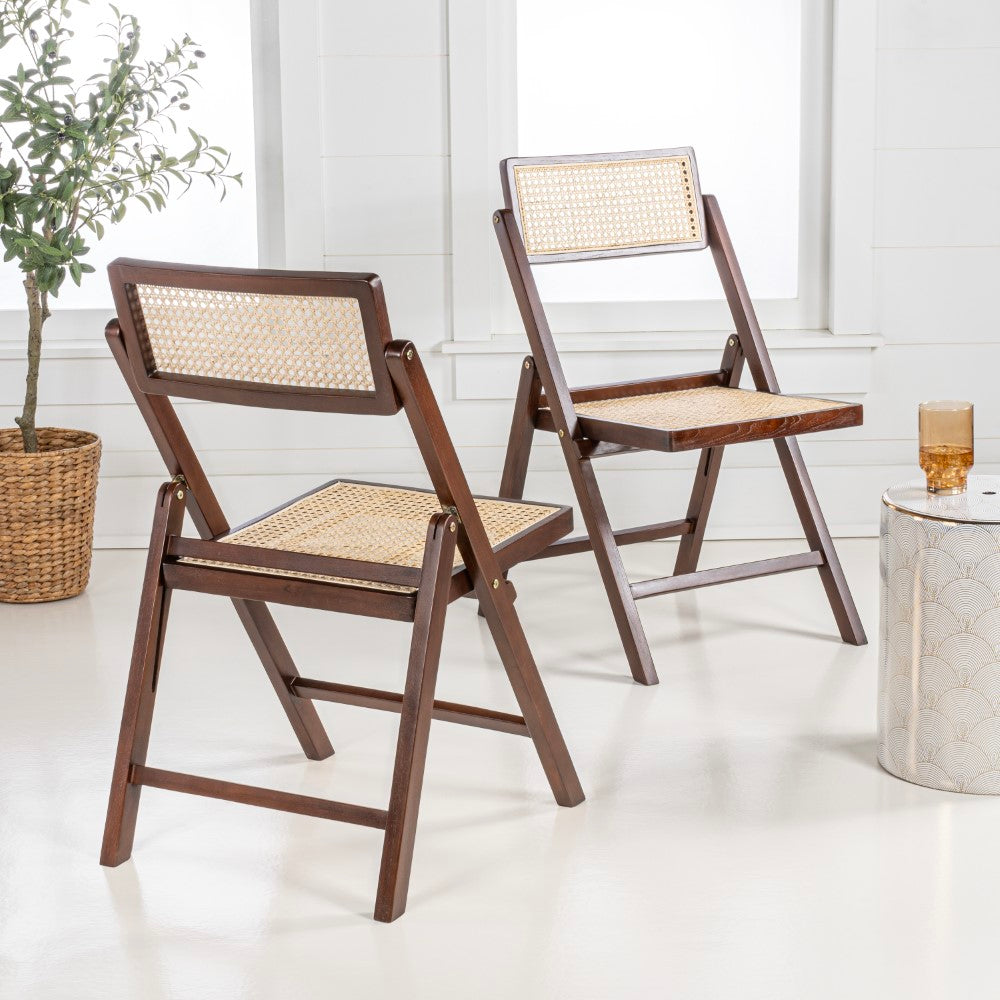 Nordic Mid-Century Vintage Wood Rattan Folding Chair with Adjustable Back Set 2