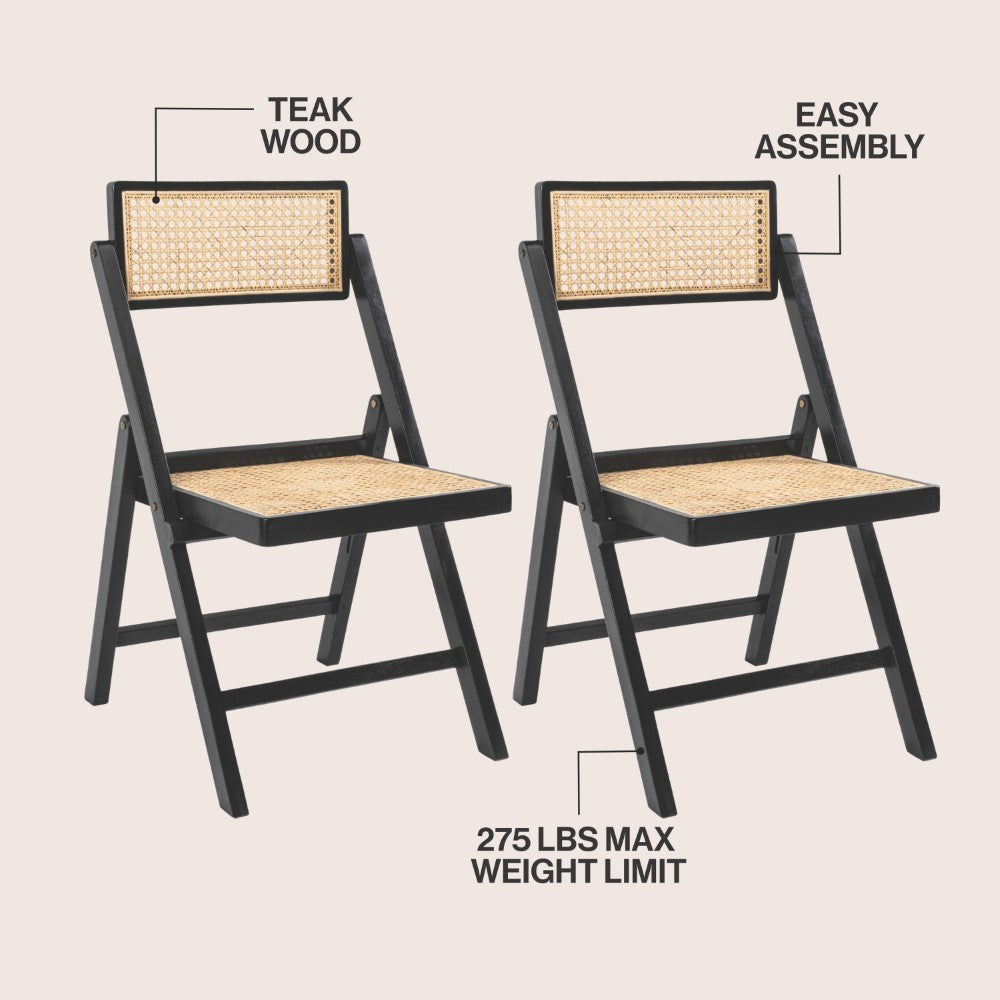 Nordic Mid-Century Vintage Wood Rattan Folding Chair with Adjustable Back Set 2
