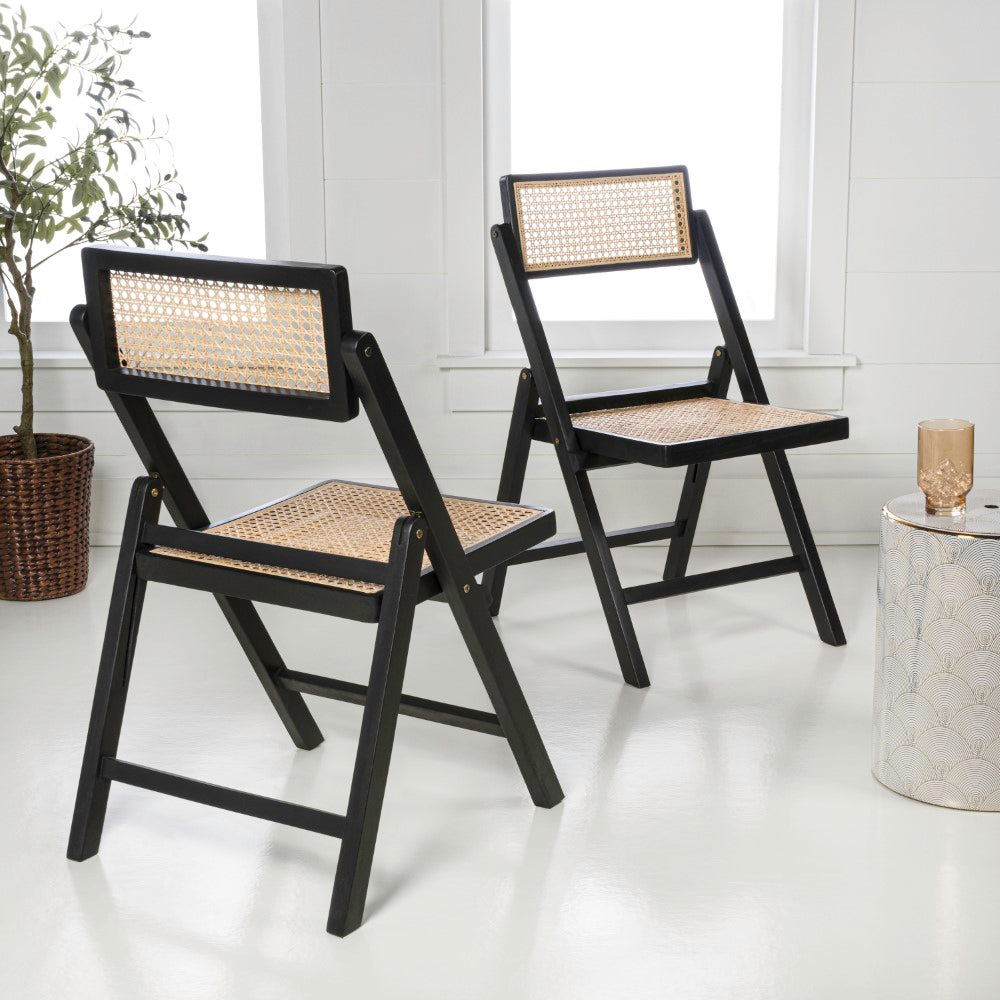Nordic Mid-Century Vintage Wood Rattan Folding Chair with Adjustable Back Set 2