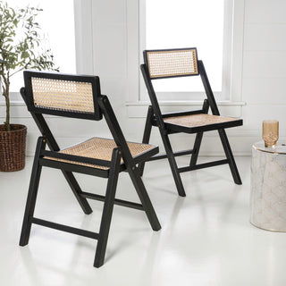 Nordic Mid-Century Vintage Wood Rattan Folding Chair with Adjustable Back Set 2