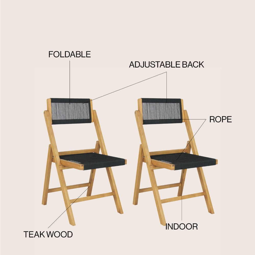 Nordic Mid-Century Vintage Wood Rattan Folding Chair with Adjustable Back Set 2