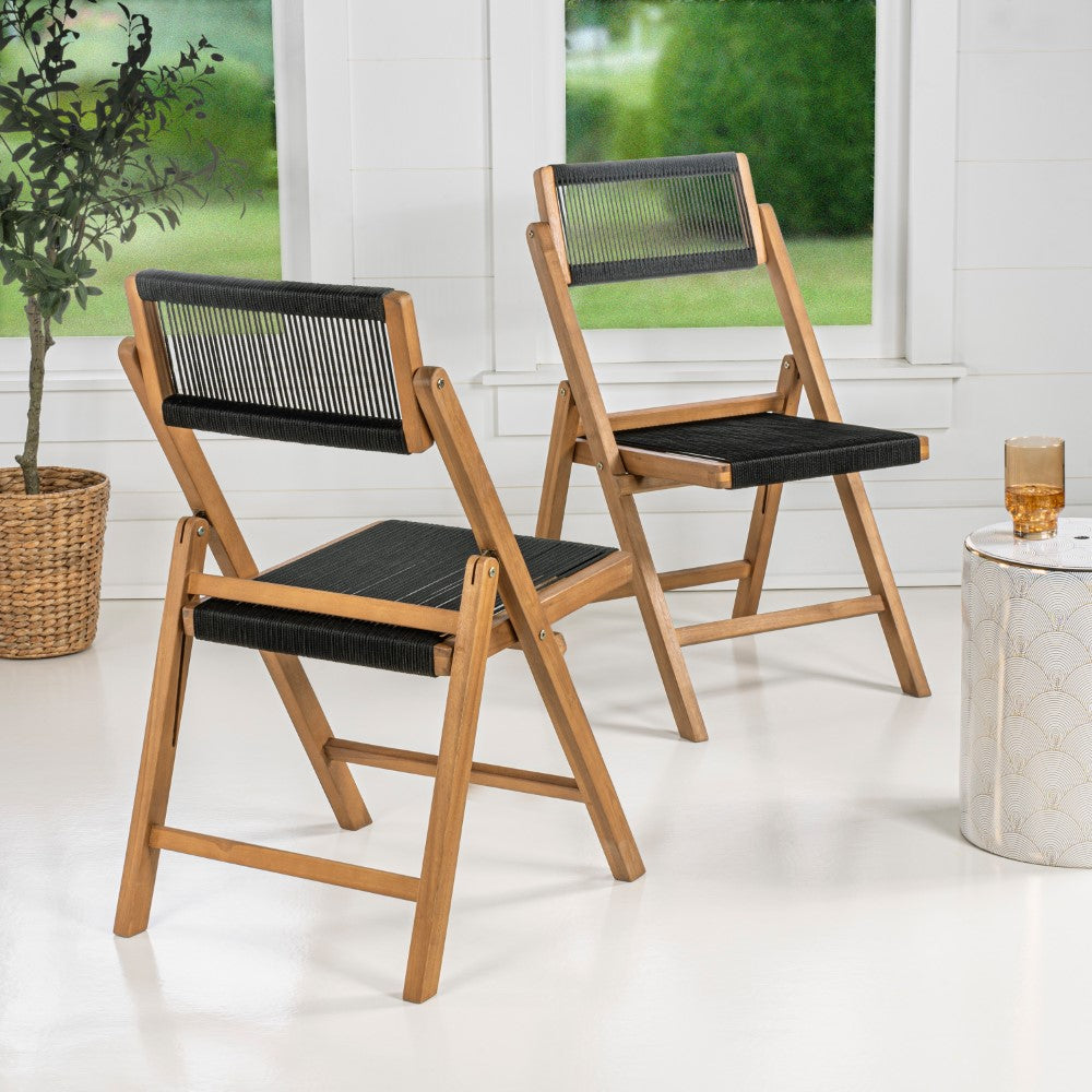 Nordic Mid-Century Vintage Wood Rattan Folding Chair with Adjustable Back Set 2