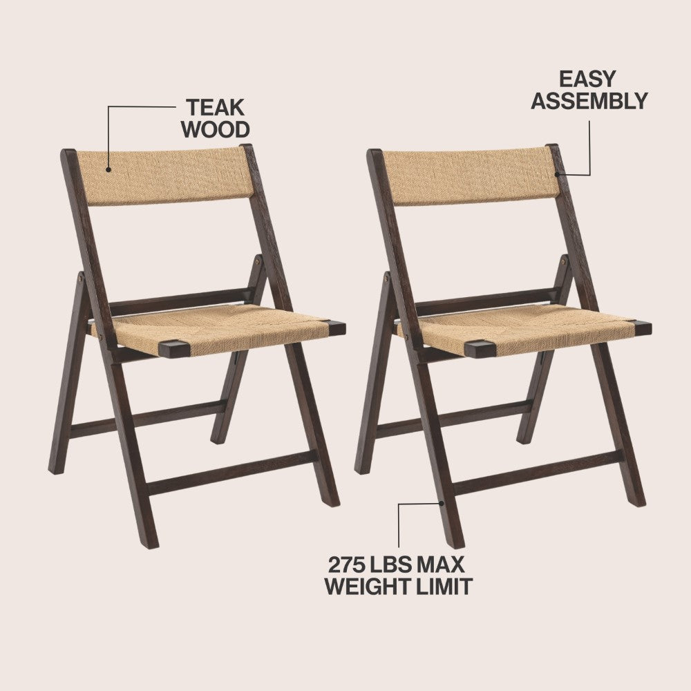 Rylee Coastal Modern Wood Woven Seagrass Folding Chair Set 2