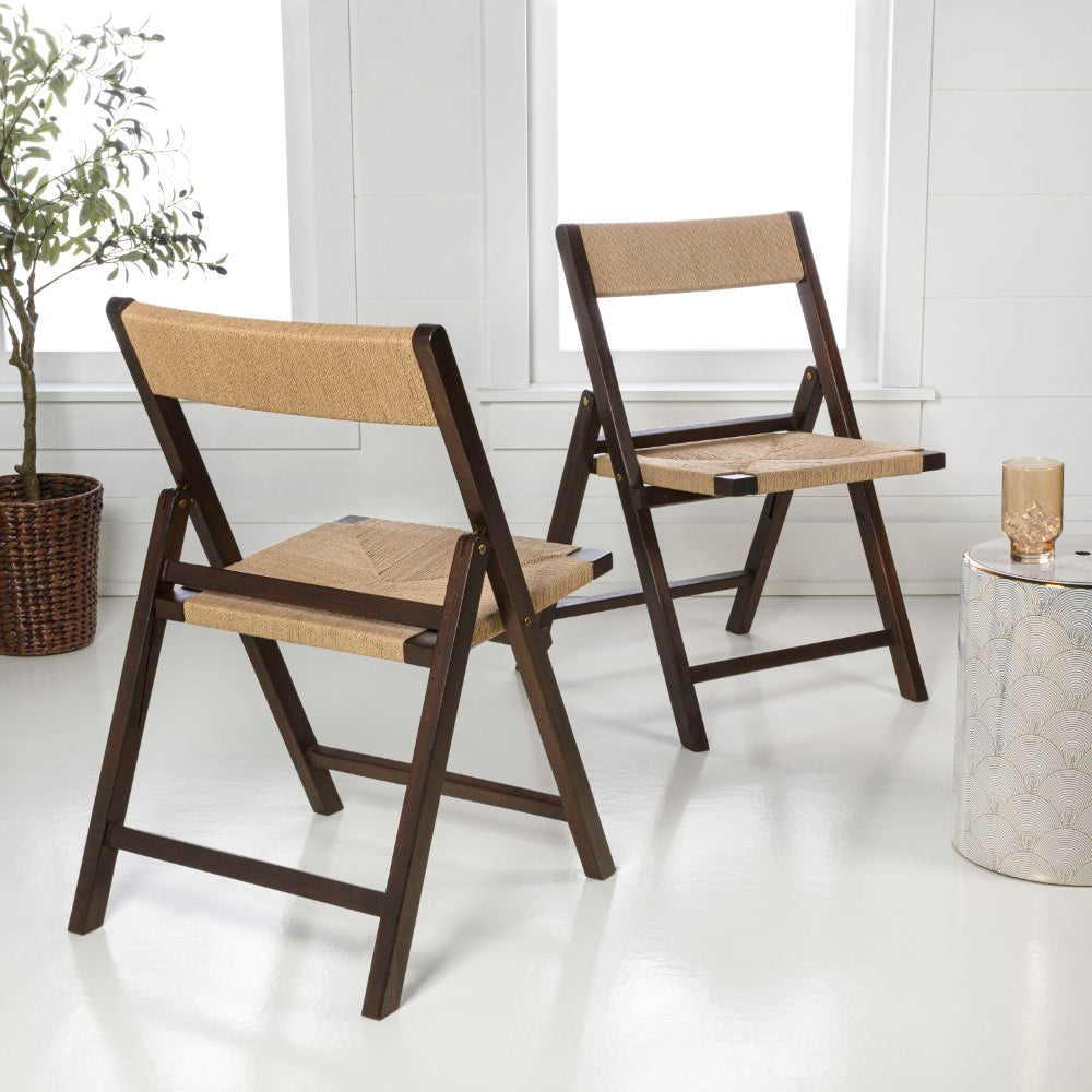 Rylee Coastal Modern Wood Woven Seagrass Folding Chair Set 2