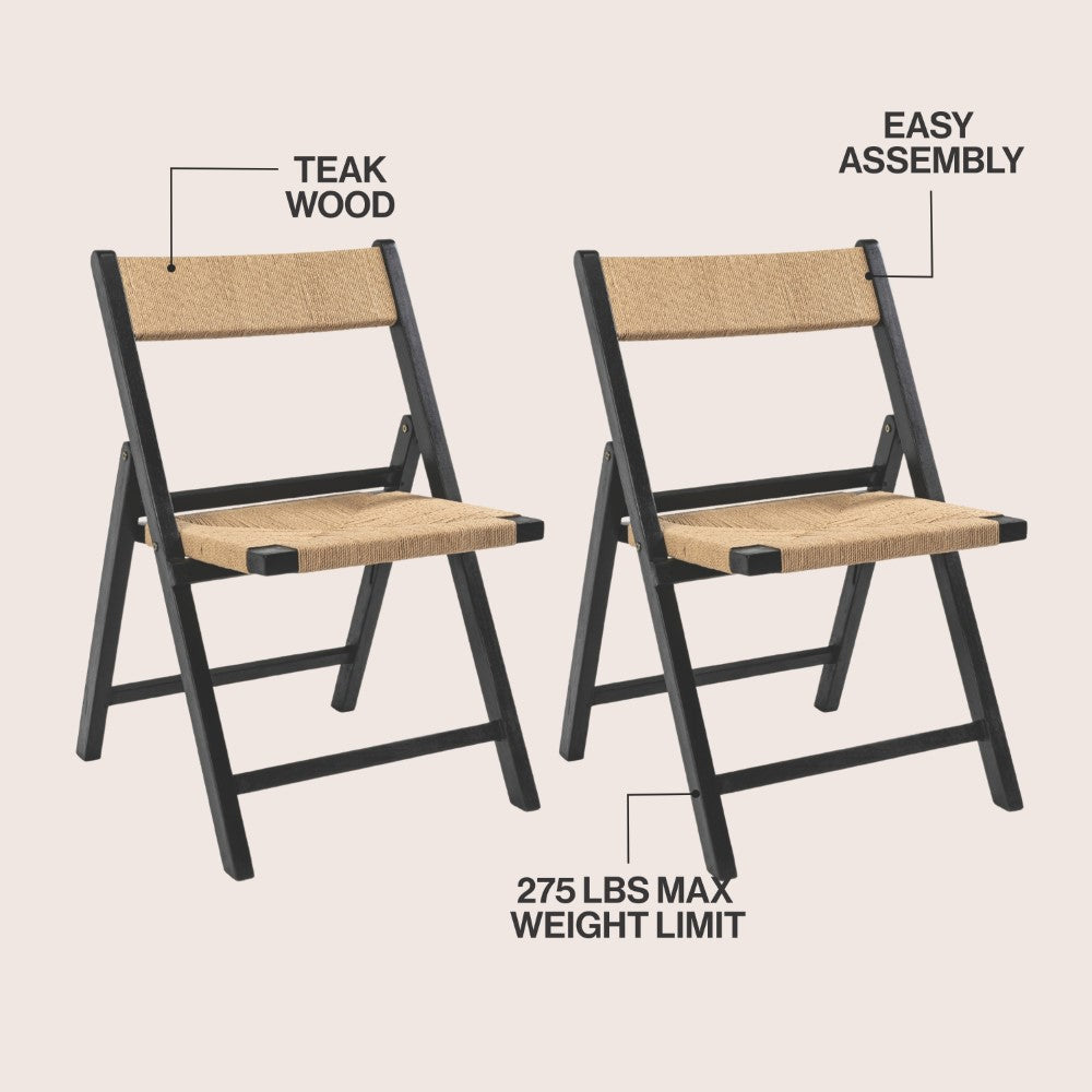 Rylee Coastal Modern Wood Woven Seagrass Folding Chair Set 2