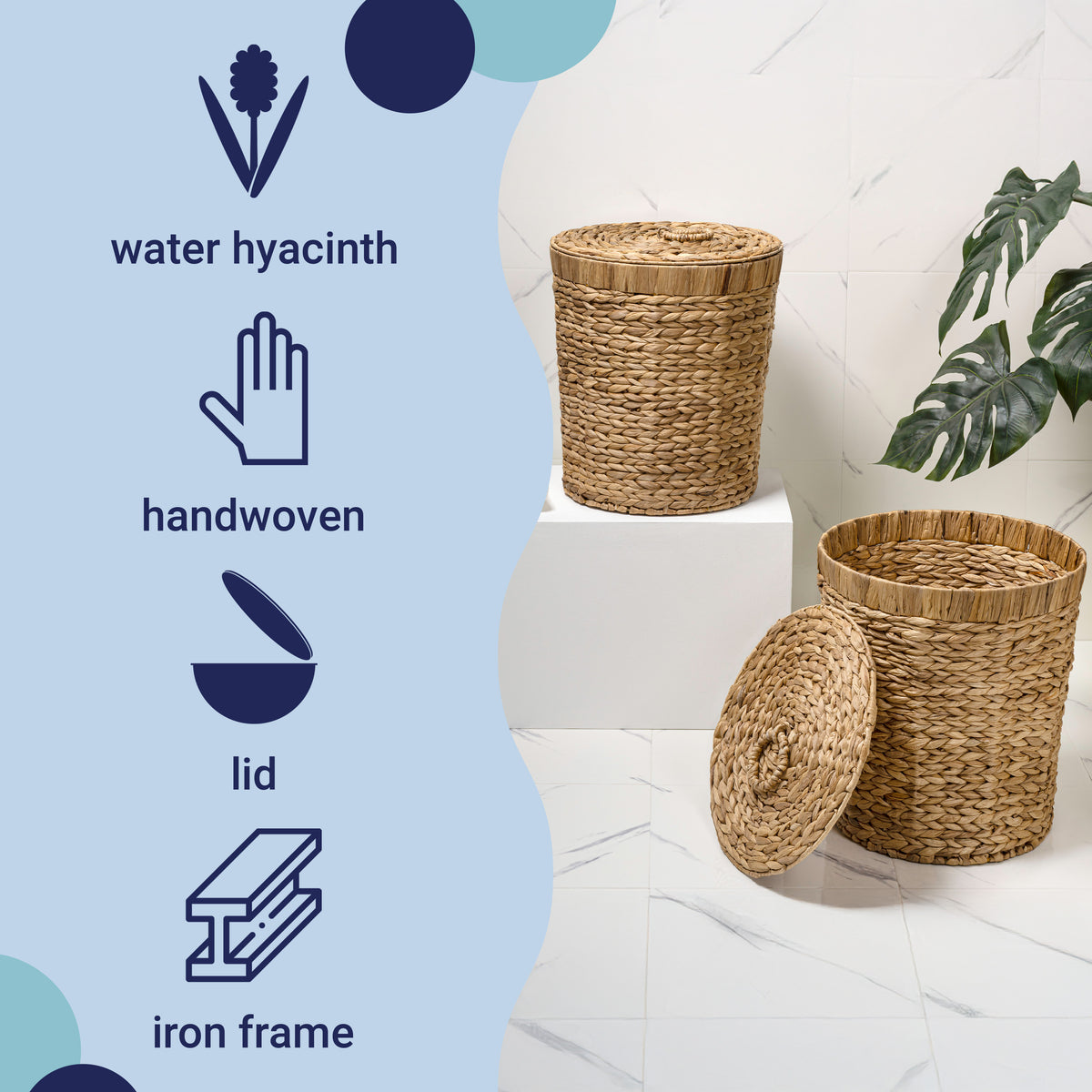 Timbera Coastal Bohemian Handwoven Water Hyacinth 5.7-Gallon Tapered Round Wicker Watebasket with Lid