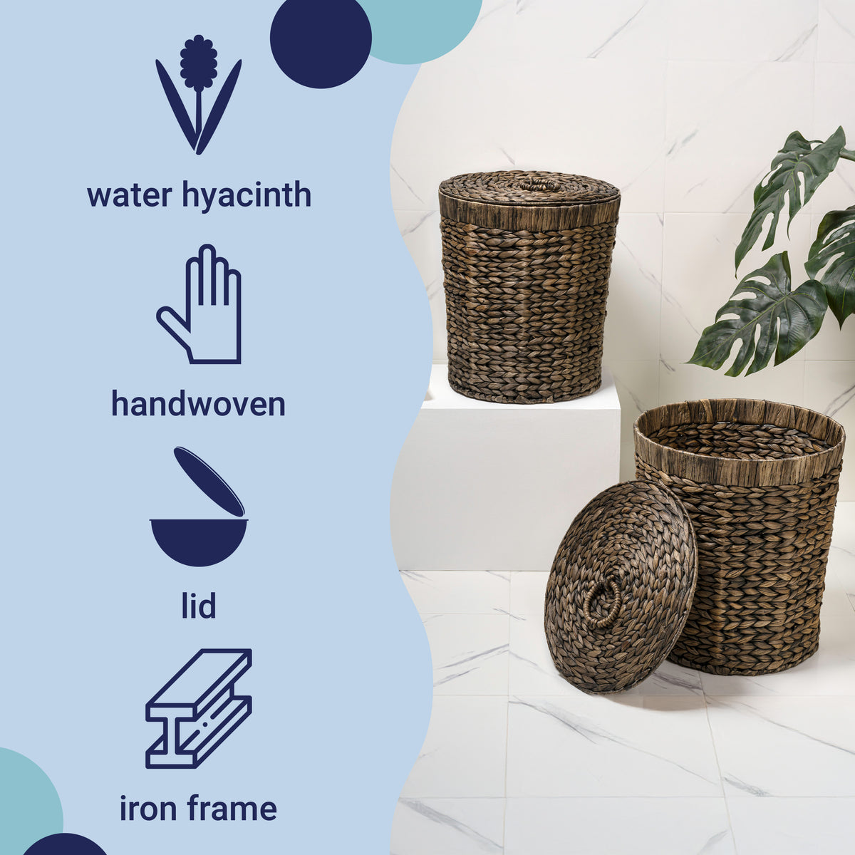 Timbera Coastal Bohemian Handwoven Water Hyacinth 5.7-Gallon Tapered Round Wicker Watebasket with Lid