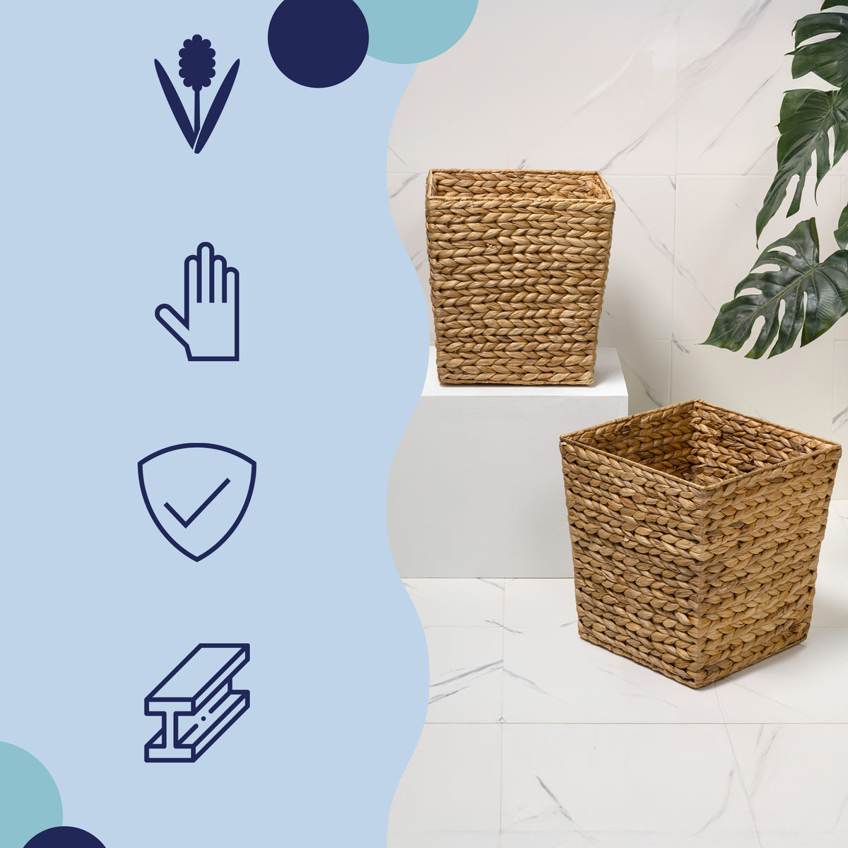Logoria Coastal Farmhouse Handwoven Water Hyacinth 4.8-Gallon Tapered Square Wicker Watebasket