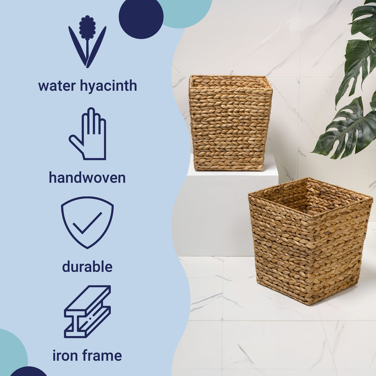 Logoria Coastal Farmhouse Handwoven Water Hyacinth 4.8-Gallon Tapered Square Wicker Watebasket