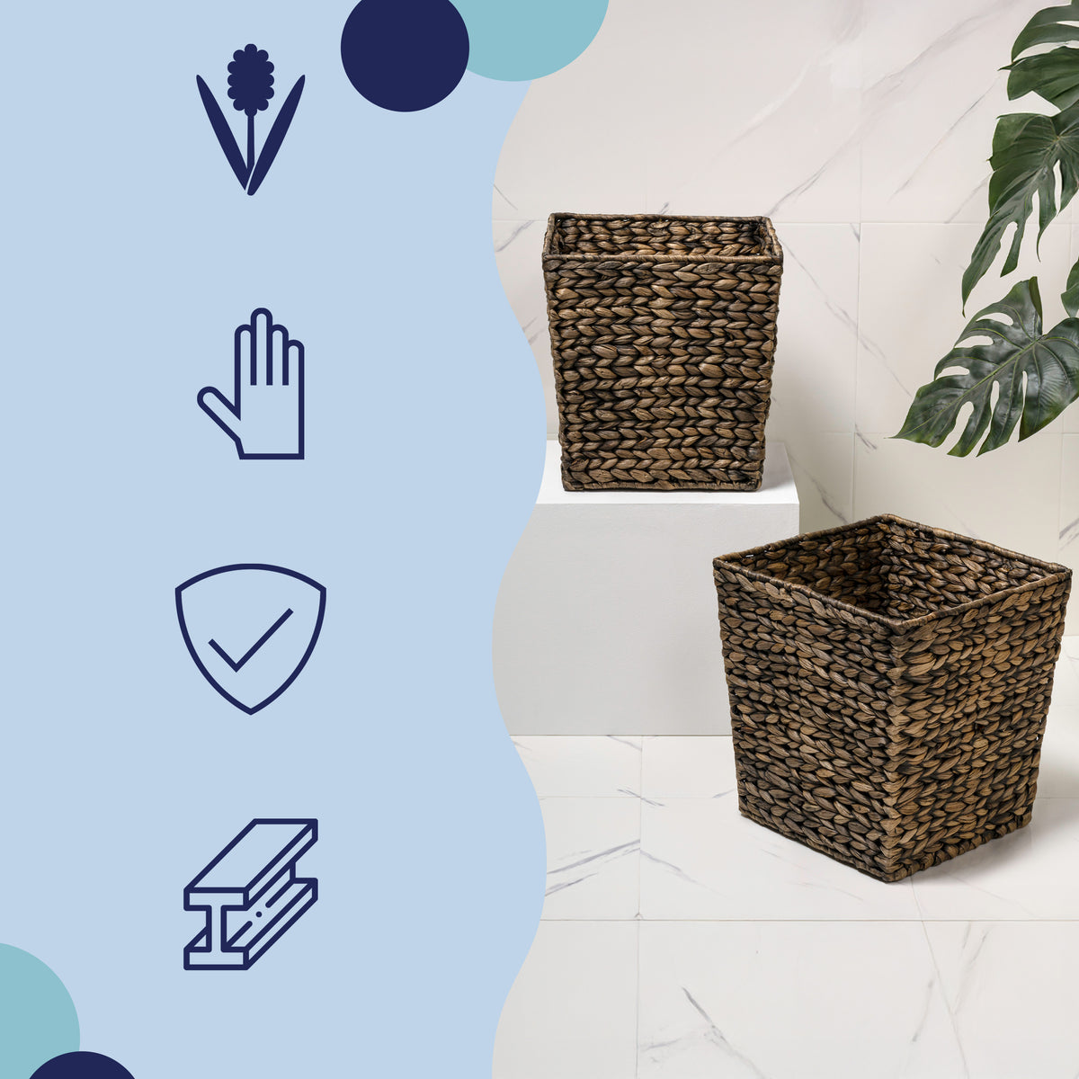 Logoria Coastal Farmhouse Handwoven Water Hyacinth 4.8-Gallon Tapered Square Wicker Watebasket