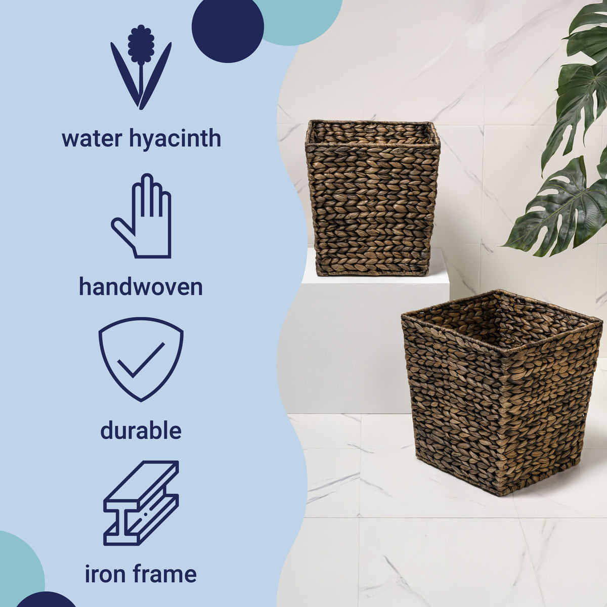 Logoria Coastal Farmhouse Handwoven Water Hyacinth 4.8-Gallon Tapered Square Wicker Watebasket