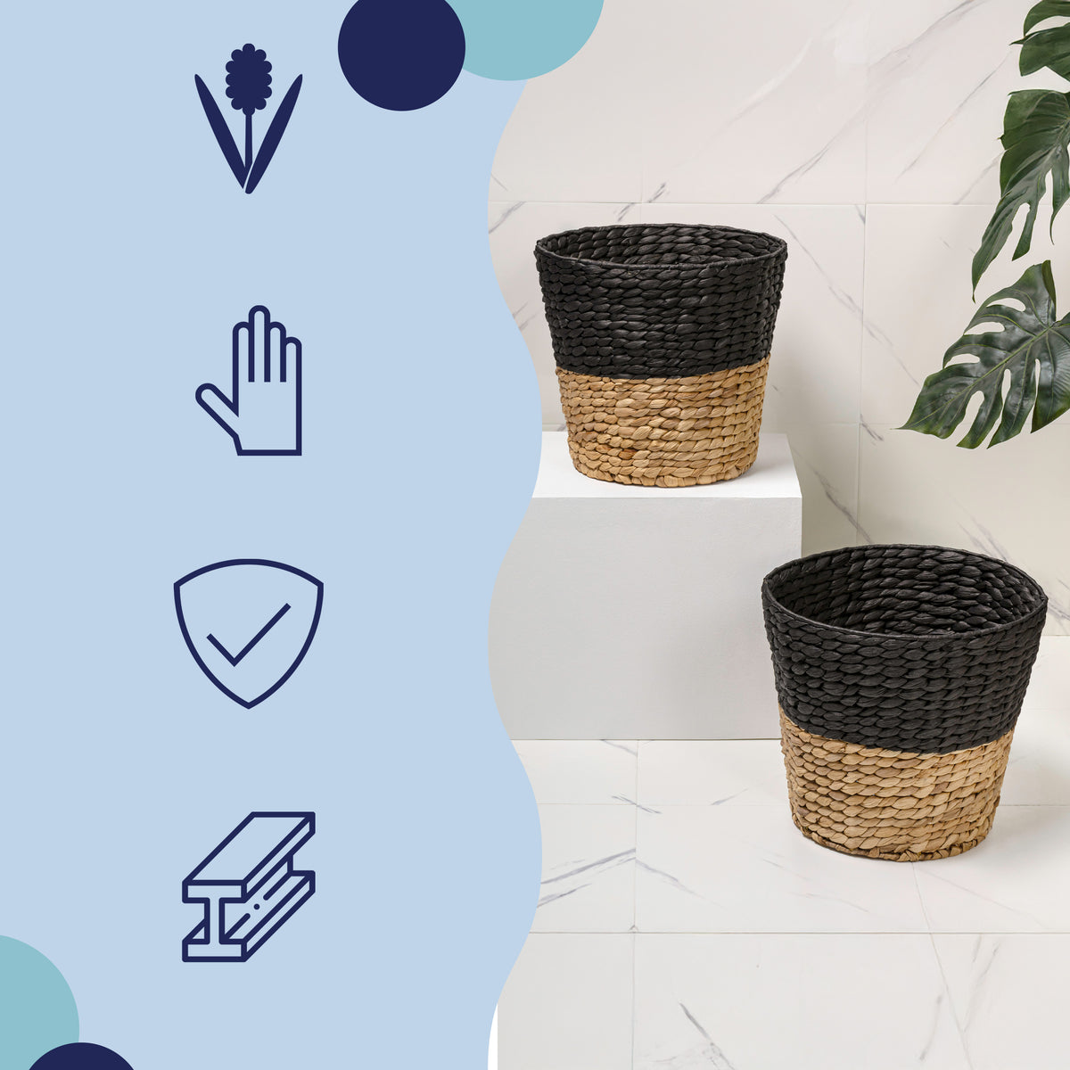 Granivox Contemporary Bohemian Two-Tone Handwoven Water Hyacinth 3.1-Gallon Tapered Round Wicker Watebasket