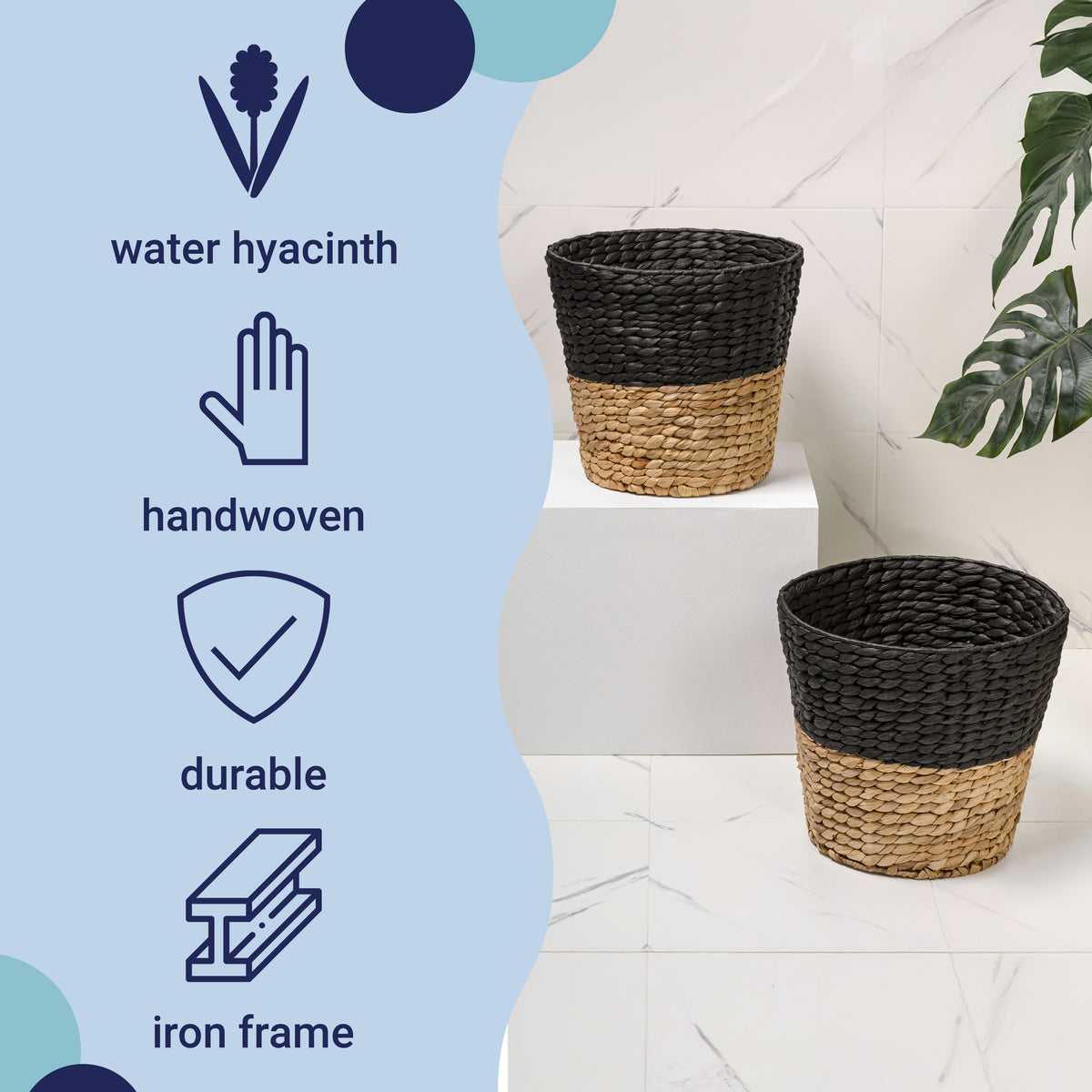 Granivox Contemporary Bohemian Two-Tone Handwoven Water Hyacinth 3.1-Gallon Tapered Round Wicker Watebasket