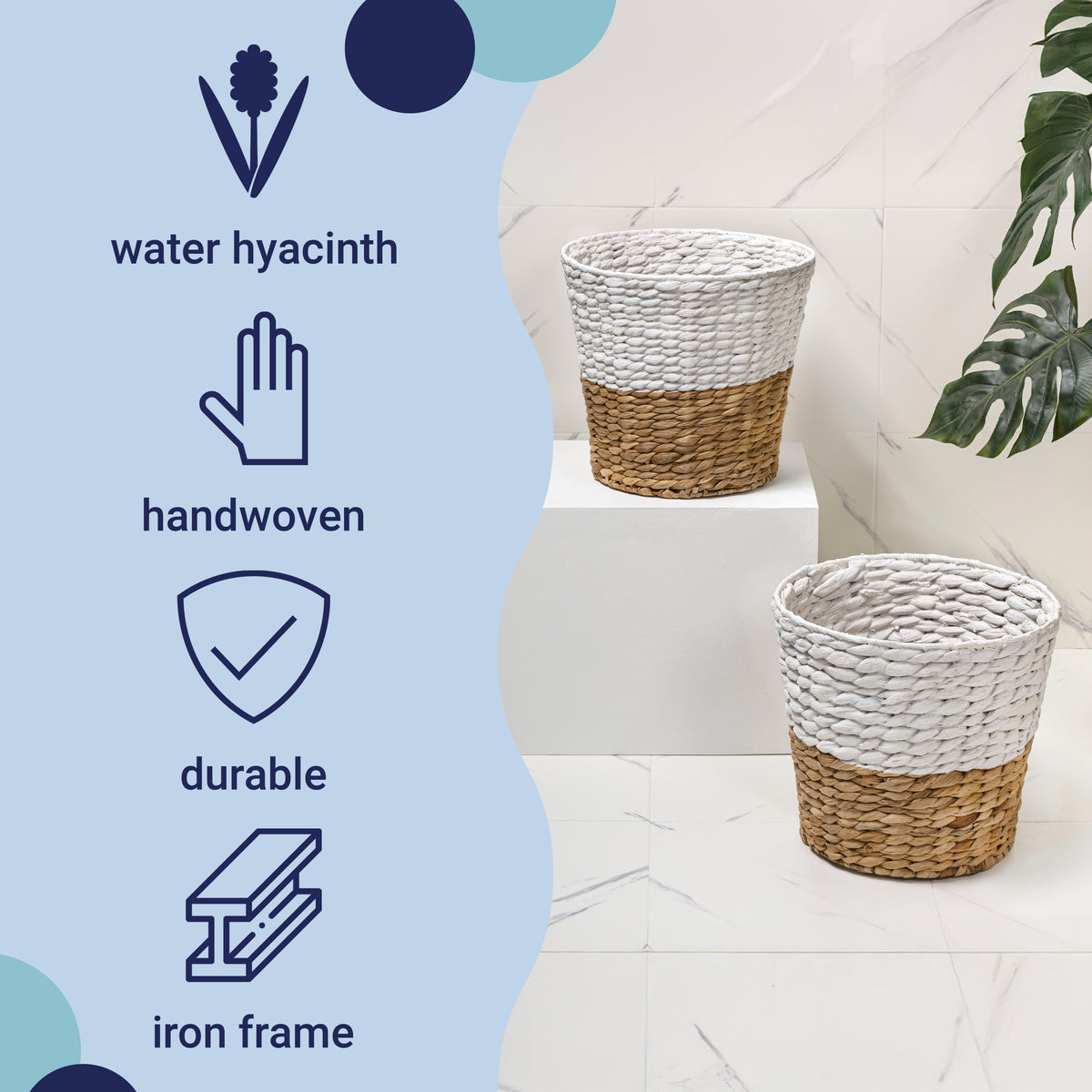 Granivox Contemporary Bohemian Two-Tone Handwoven Water Hyacinth 3.1-Gallon Tapered Round Wicker Watebasket