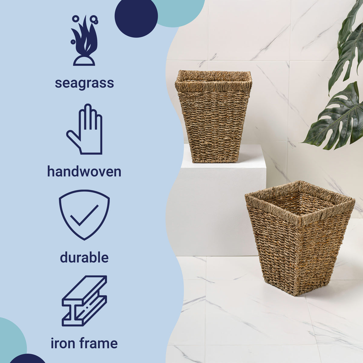 Cliffora Rustic Bohemian Handwoven Seagrass 2.3-Gallon Tapered Square Wicker Watebasket