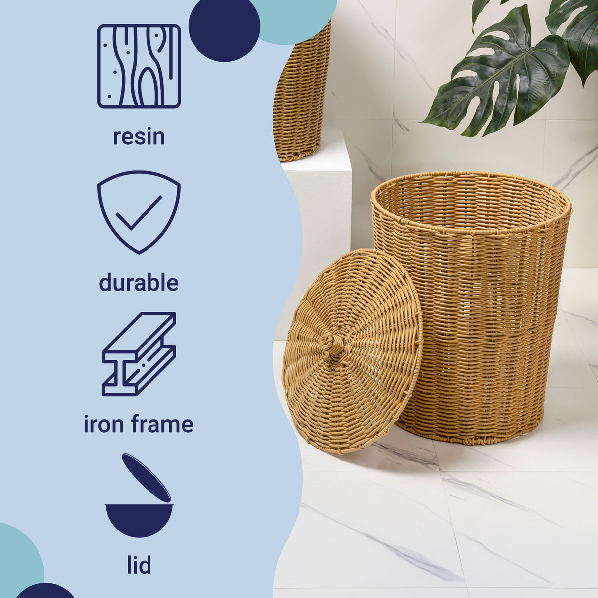 Valarock Coastal Contemporary Resin 4.7-Gallon Tapered Round Wicker Watebasket with Lid