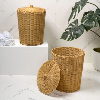 Valarock Coastal Contemporary Resin 4.7-Gallon Tapered Round Wicker Watebasket with Lid