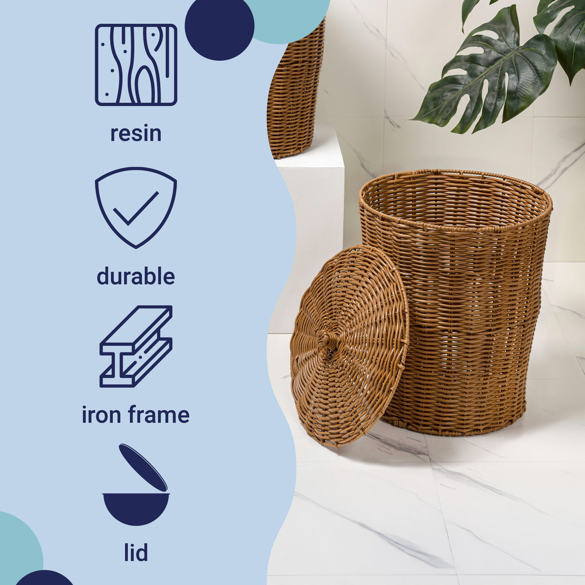 Valarock Coastal Contemporary Resin 4.7-Gallon Tapered Round Wicker Watebasket with Lid