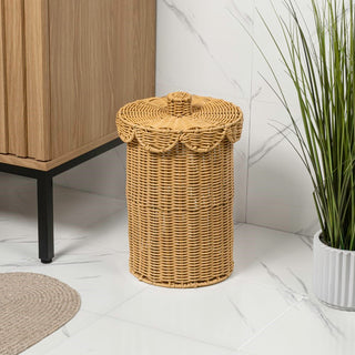 Solwyn Modern Bohemian Resin 2.9-Gallon Cylinder Wicker Watebasket with Scalloped Lid