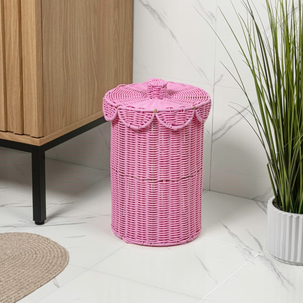 Solwyn Modern Bohemian Resin 2.9-Gallon Cylinder Wicker Watebasket with Scalloped Lid