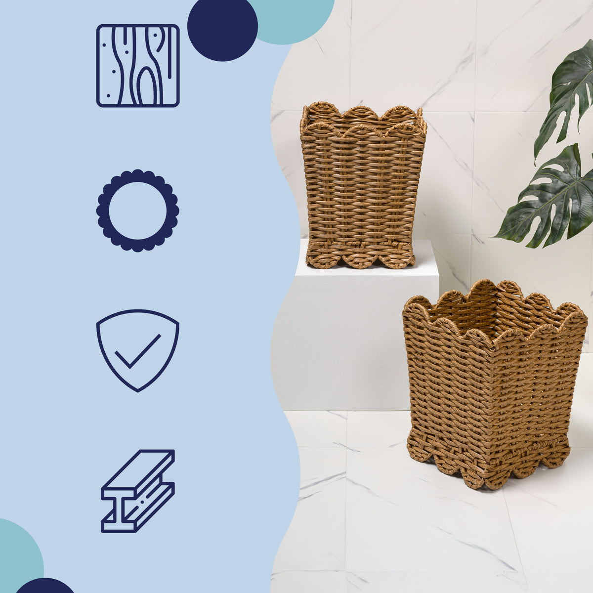 Lunaris Modern Farmhouse Resin 3.3-Gallon Tapered Square Wicker Watebasket with Scalloped Edge