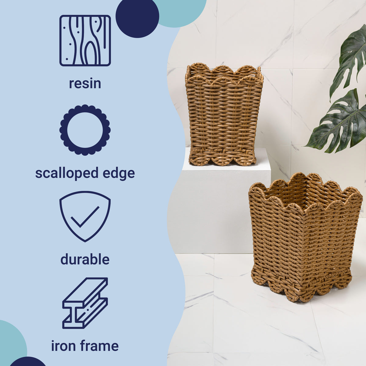 Lunaris Modern Farmhouse Resin 3.3-Gallon Tapered Square Wicker Watebasket with Scalloped Edge
