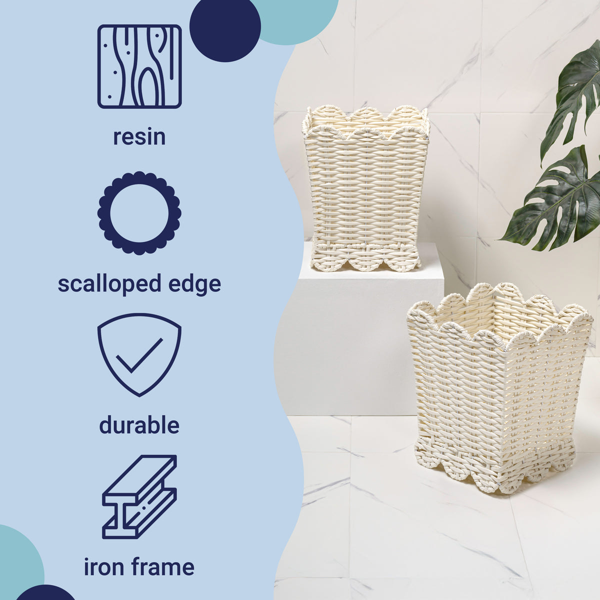 Lunaris Modern Farmhouse Resin 3.3-Gallon Tapered Square Wicker Watebasket with Scalloped Edge
