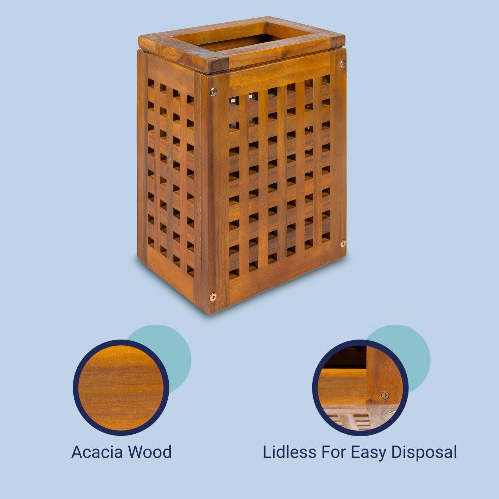 Junie Coastal Farmhouse Handcrafted Acacia Wood Indoor/Outdoor 2.7-Gallon Rectangular Grid Wastebasket