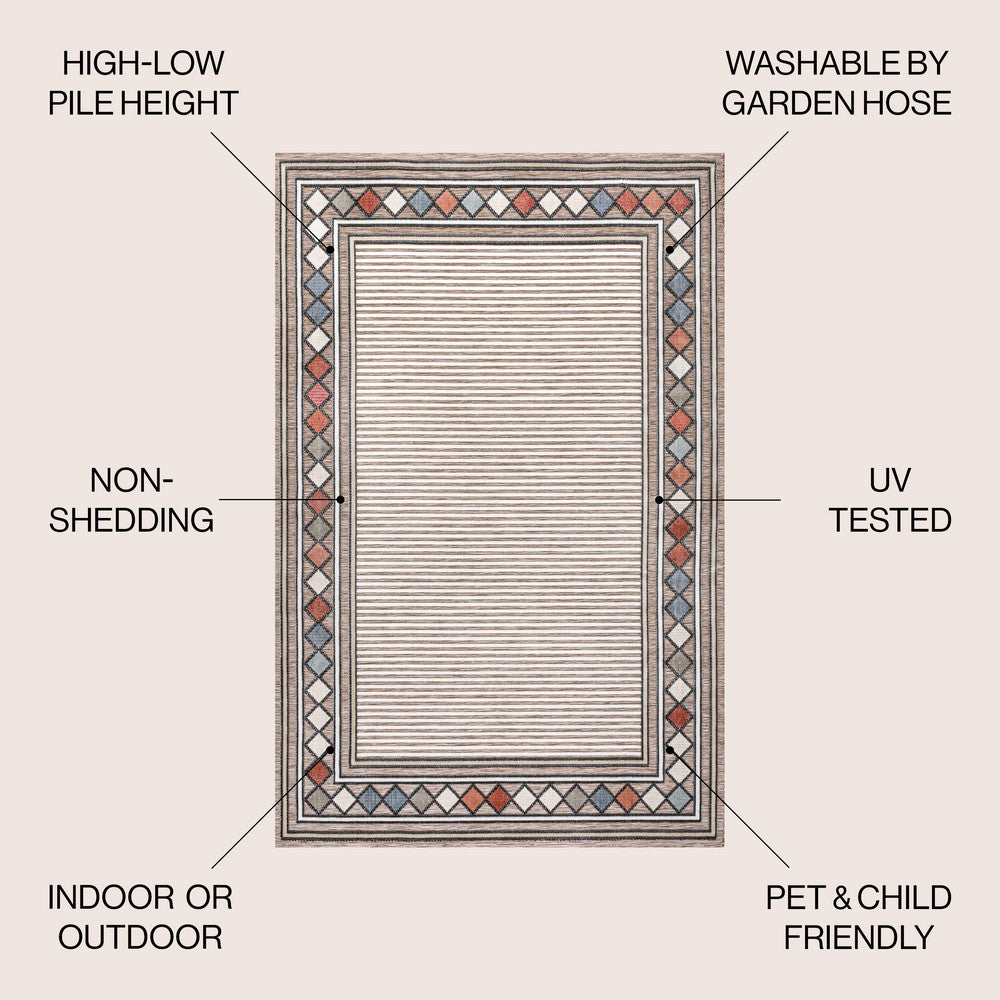 Well High-Low Modern Diamond Border Indoor/Outdoor Area Rug