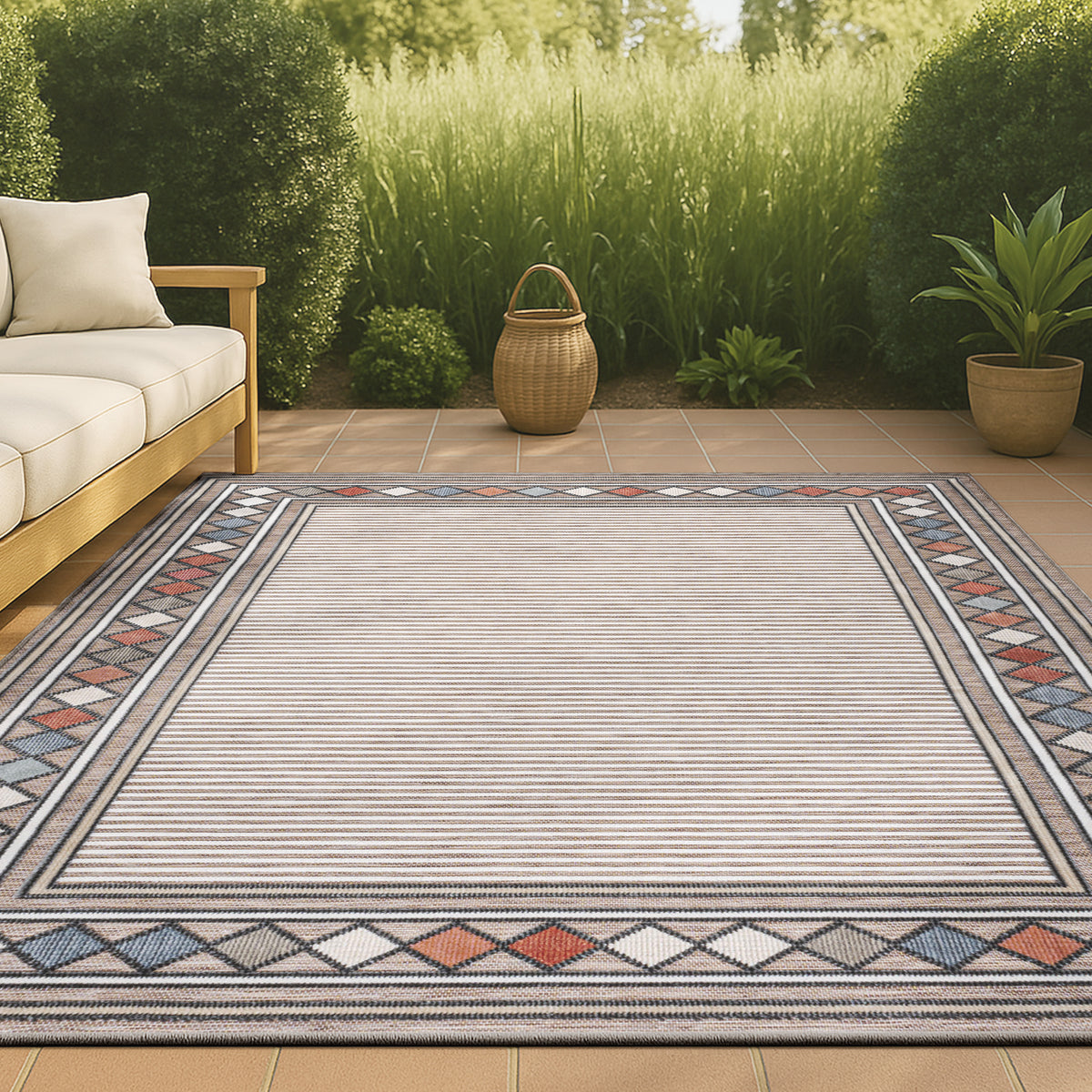 Well High-Low Modern Diamond Border Indoor/Outdoor Area Rug