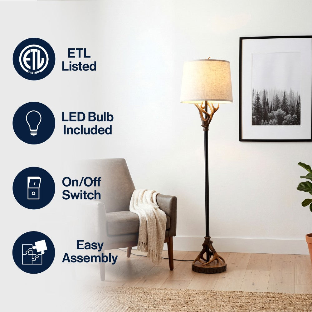 Highland 61 in. Rustic Lodge Faux Antler Resin/Metal LED Floor Lamp