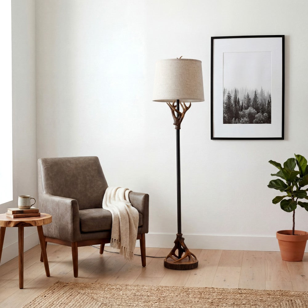 Highland 61 in. Rustic Lodge Faux Antler Resin/Metal LED Floor Lamp