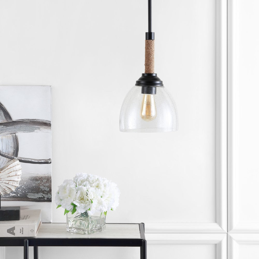 Hitchcock 7.63" Adjustable Rope-Wrap Modern Rustic Iron/Glass LED Pendant