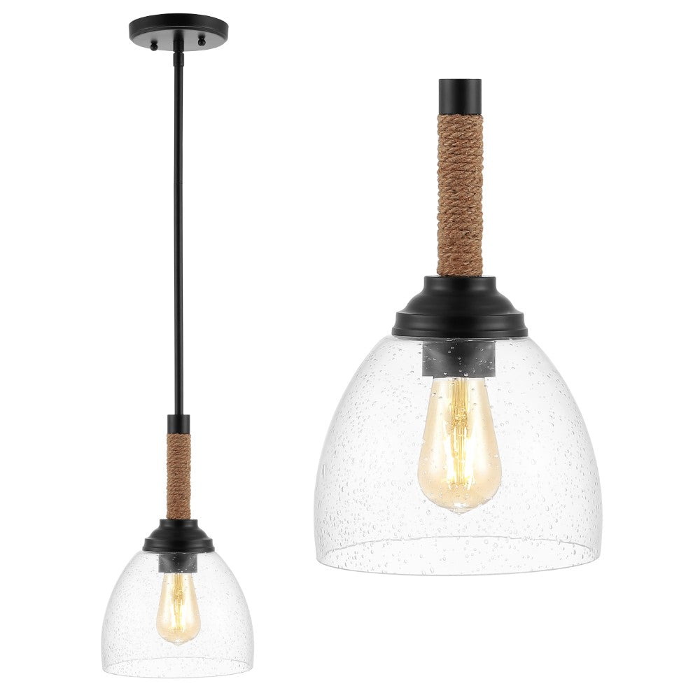 Hitchcock 7.63" Adjustable Rope-Wrap Modern Rustic Iron/Glass LED Pendant