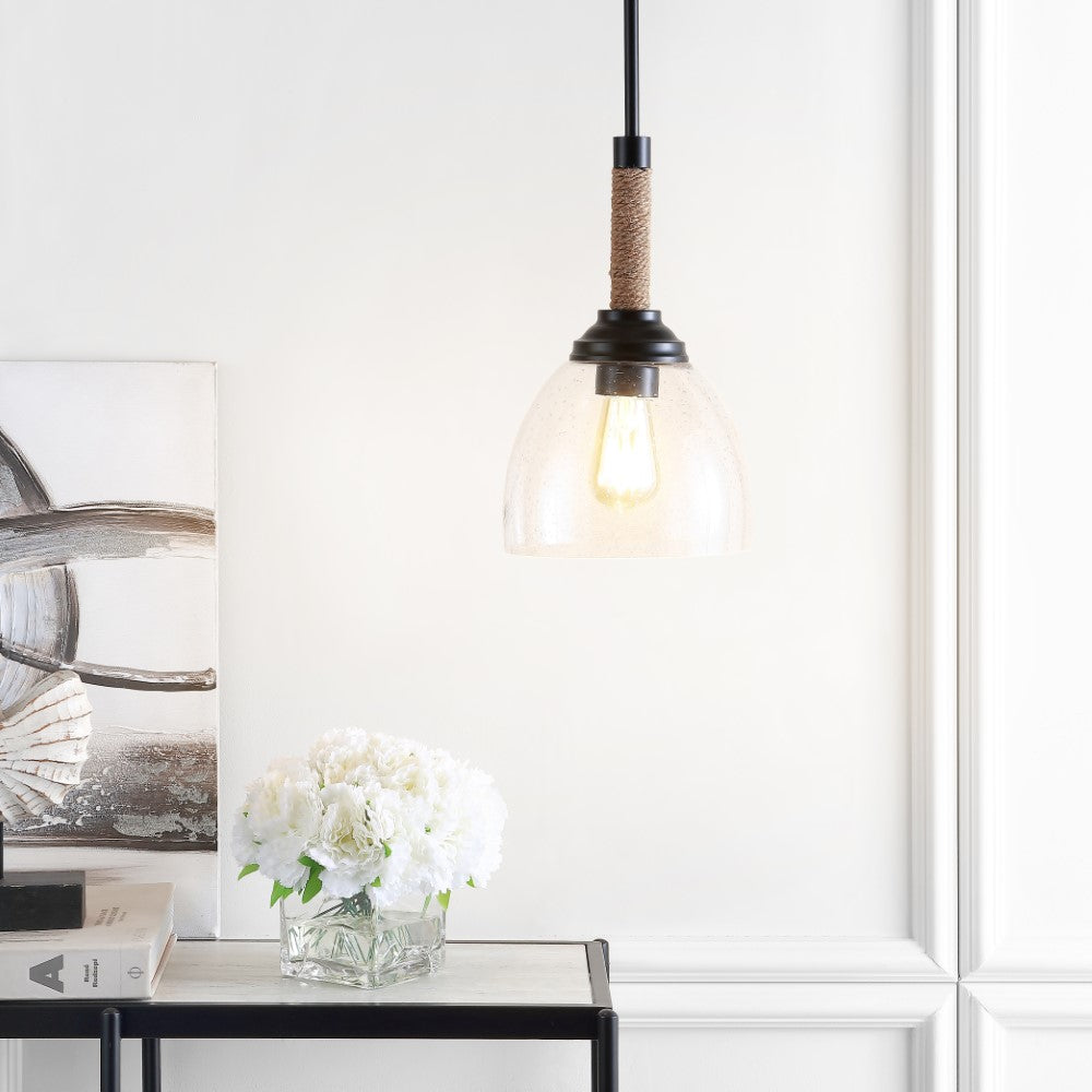 Hitchcock 7.63" Adjustable Rope-Wrap Modern Rustic Iron/Glass LED Pendant