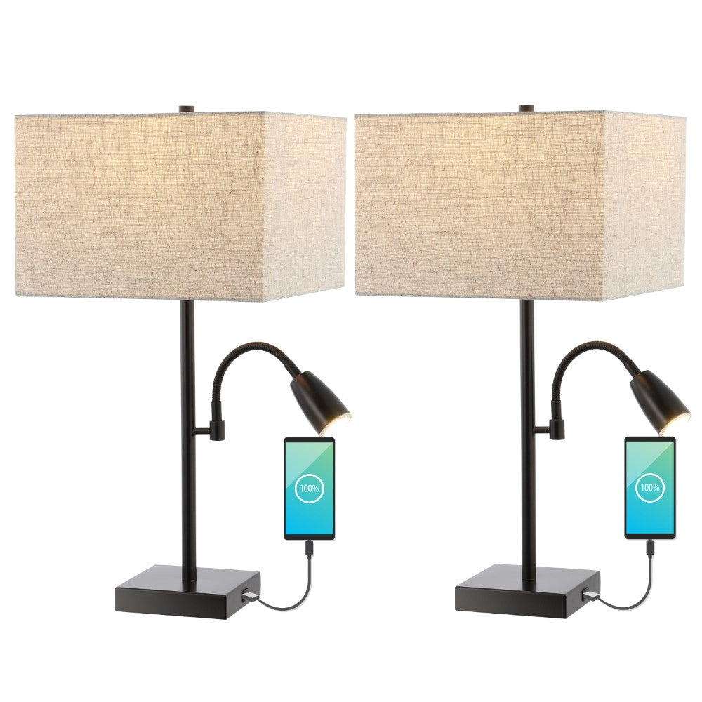 Vonn 25.5" Farmhouse Industrial Iron LED Table Lamp with USB Charging Port and Adjustable Reading Light Set 2