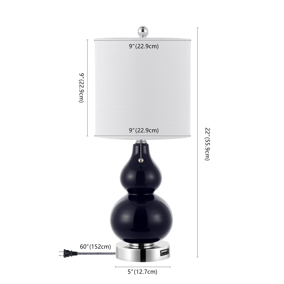 Bonnie 22" Classic Vintage Glass LED Table Lamp with USB Charging Port Set 2